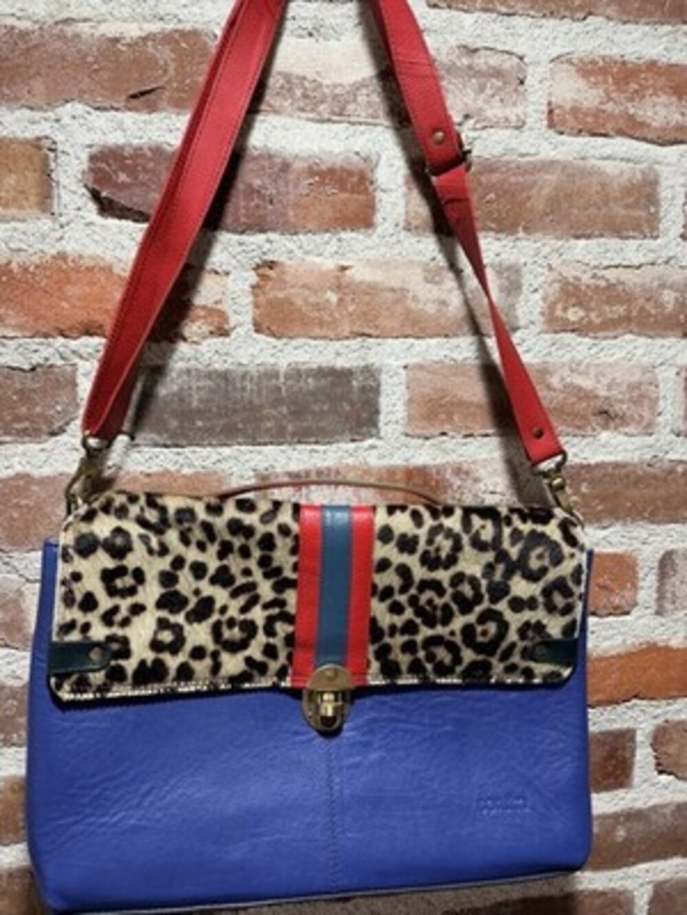 Soruka Orleans Leopard Calf Hair Colorblock Leather Crossbody Messenger Bag